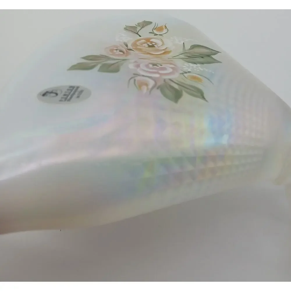 Fenton Iridescent White Opalescent Romance Hand Painted Floral Fan Vase Signed